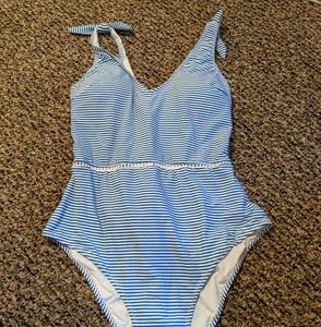 Blue stripe Lace up back one piece swimsuit